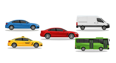 Fototapeta premium Various colorful cars and a bus isolated on white background for design