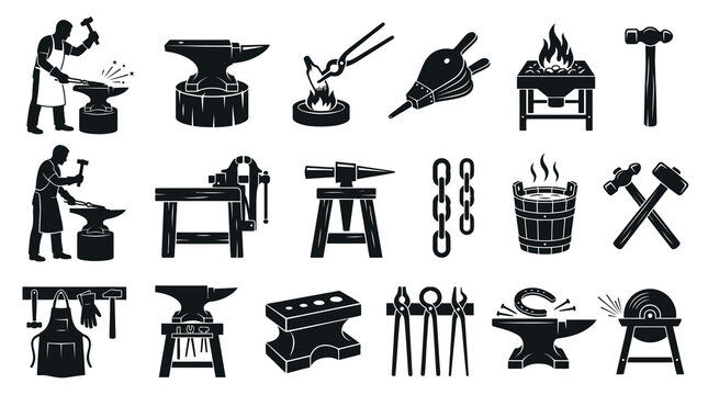 Blacksmith Tools Icons Set - Vintage Black  White Vector Art