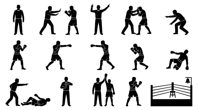Black and White Boxing Silhouettes: Fighters, Referee, Ring, Knockout