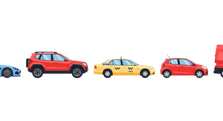 Fototapeta premium Various colorful vehicle illustrations set against a clean white background