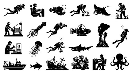 Obraz premium Ocean Exploration Icons: Scuba Diving, Submarine, Sea Life, Ship, Volcano, Coral, Octopus