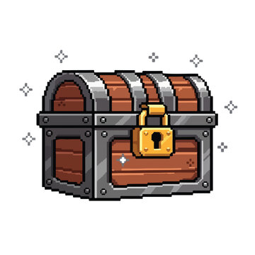 A pixel art illustration of a wooden treasure chest with silver metal bands and a gold padlock, surrounded by glowing sparkles.