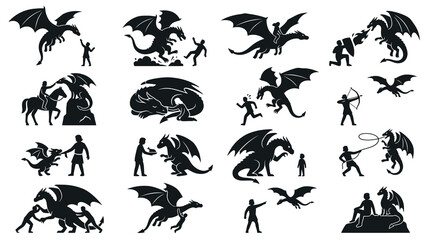Fototapeta premium Black and White Icons of Dragons and People, Fantasy Mythical Creatures