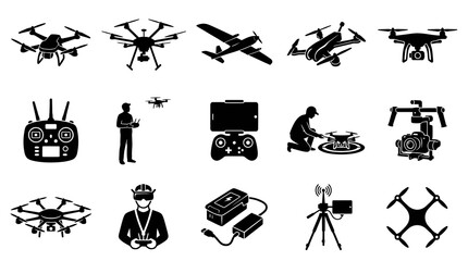 Obraz premium Drone Icons Set, Technology Glyph Vector Collection