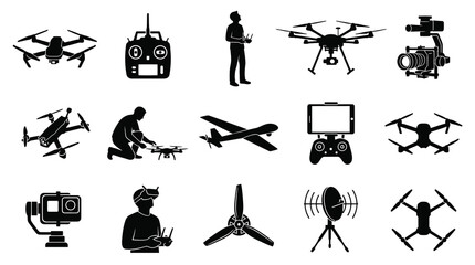 Fototapeta premium Drone Technology Vector Icons: Quadcopters, Remote Control, Camera, Propellers