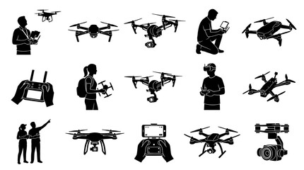 Obraz premium Drone Technology and Piloting Silhouette Icons Set - UAV Operators Remote Control Vector Glyphs