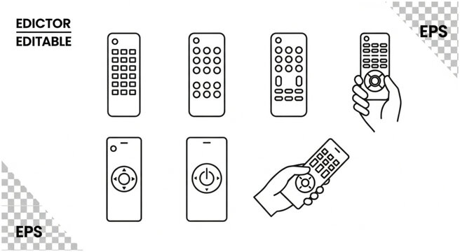 Collection of various remote control devices in simple outline style.