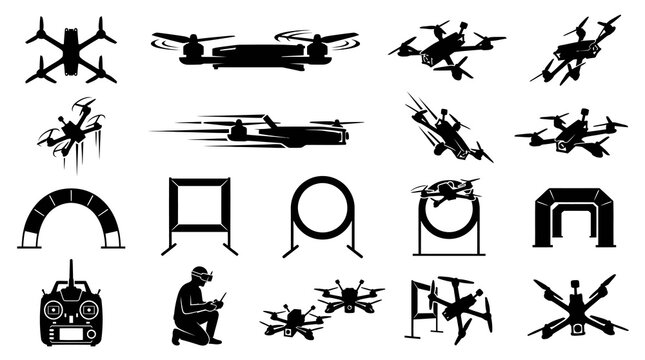 Drone Technology Icons: Quadcopters, FPV Racing, Remote Control