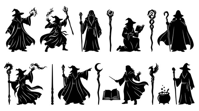 Black and White Wizard Silhouettes for Fantasy Magic Stock Art