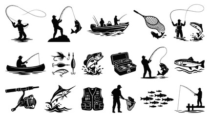 Obraz premium Fishing Angling Fishermen Gear and Fish Vector Silhouettes Icons Set - Black and White