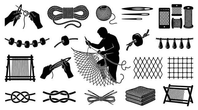 Fishing Net Making  Craft Glyph Icons Set: Fisherman, Rope, Knots  Tools