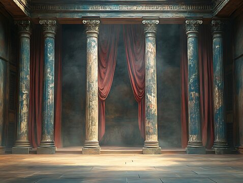 Ancient theater interior adorned with stately columns and red stage curtains