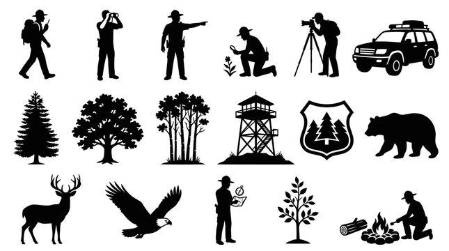 National Park  Outdoor Activity Icons - Black  White Silhouette Glyphs