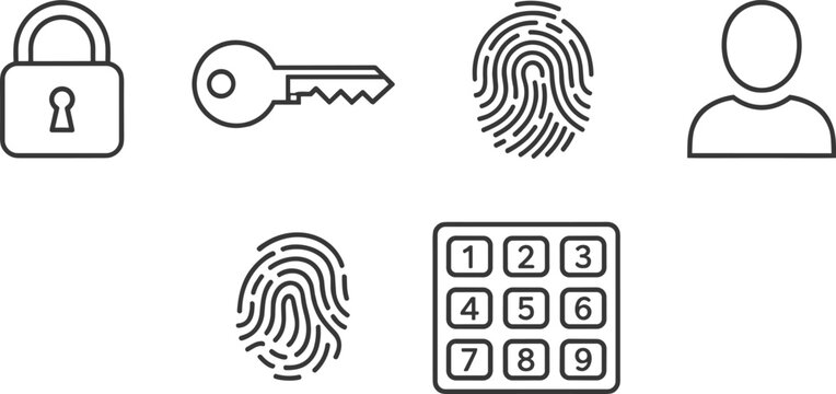 Minimal outline cybersecurity icon set featuring lock key fingerprint user keypad symbols for authentication privacy protection interface design