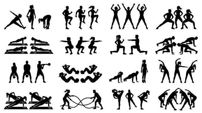 Black  White Fitness Exercise Workout Silhouettes Vector Glyph Icon Set