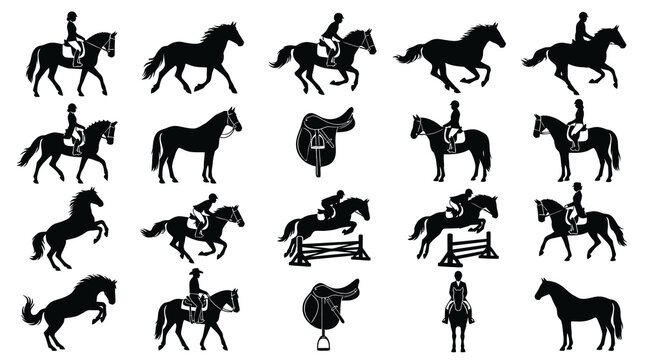 Black  White Horse Riding Silhouettes Icon Set, Equestrian Stock Vector Art