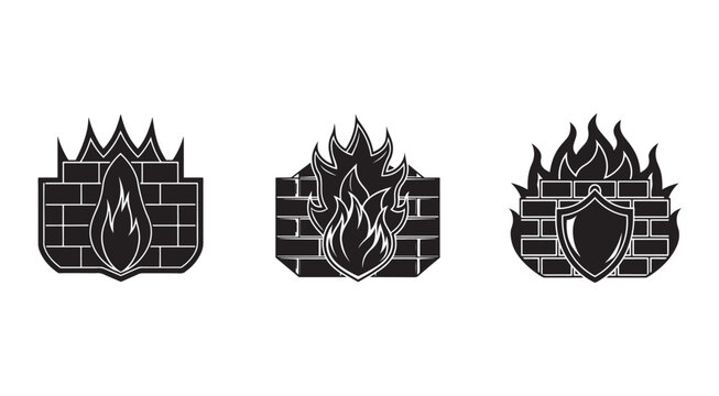 Black and white icons of shields and flames on brick wall backgrounds  symbolizing protection and danger