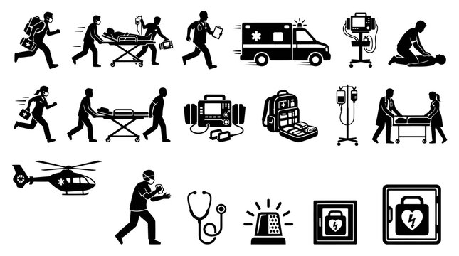 Medical Emergency Icons: Ambulance, CPR, Stethoscope, Helicopter, Doctor