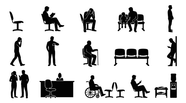 Black  White Silhouettes of People Waiting in a Medical Office or Waiting Room