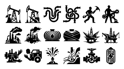 Obraz premium Oil and Gas Industry Icons: Pumpjack, Refinery, Platform, Workers, Valve, Energy