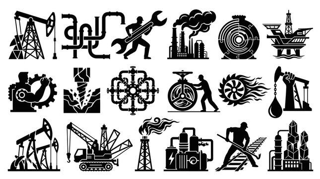 Industrial Oil and Gas Glyph Icons: Energy, Refinery  Production Equipment Set