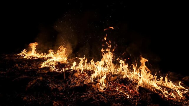 Line of intense fire burning on the ground at night with sparks