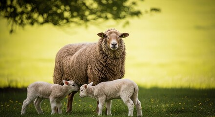 Fototapeta premium A mother sheep and her two lambs in a green field