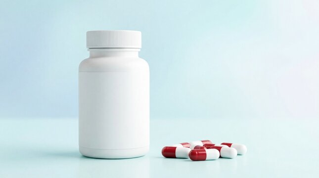 Minimal pharmaceutical mockup with white pill container and capsules on a soft blue background, ideal for healthcare, pharmacy, supplement, treatment, and medical branding.
