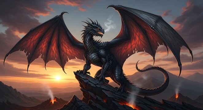 Dark dragon perched on volcanic rocks with flowing lava and smoking mountains in the background during sunset.