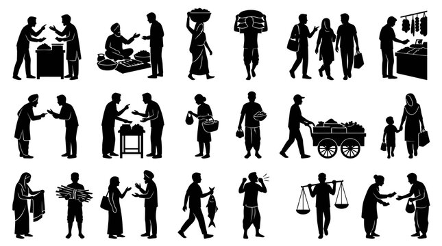 Traditional Market People Black  White Silhouette Glyphs - Daily Life  Street Trade Vector Set