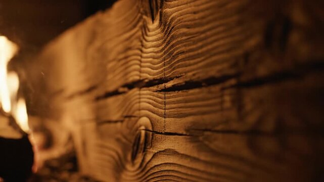 Close-up of a wooden surface with visible grain and cracks, warm lighting.