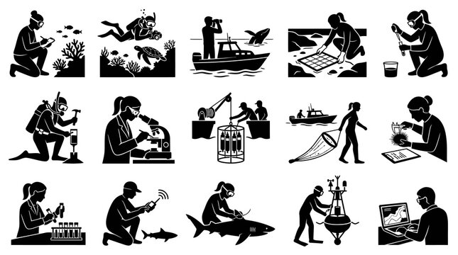 Marine Science Research Activities Glyph Vector Icons Set - Oceanography Scientists Pictograms