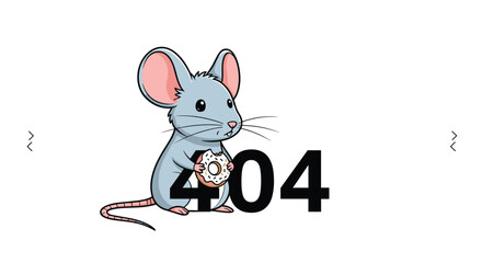 Fototapeta premium Cute gray mouse holding a chocolate donut in front of a large black 404 number for a website error page design.