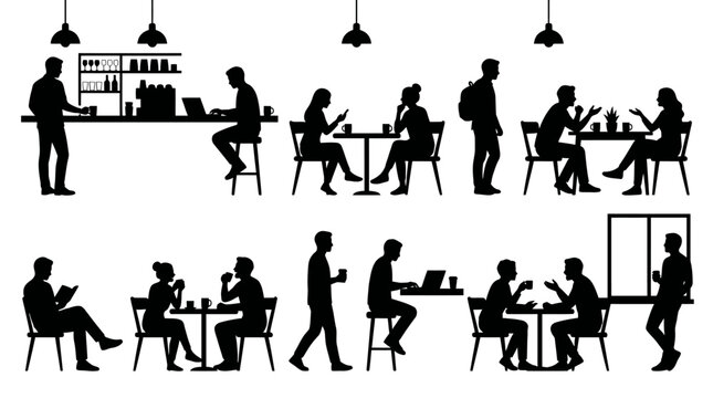 Cafe Scene Silhouettes: People Working, Socializing, Coffee Shop Interior Icons