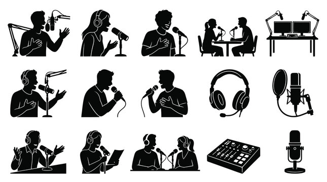 Podcasting and Broadcasting Studio Glyph Vector Icons with Microphones, Headphones, and People