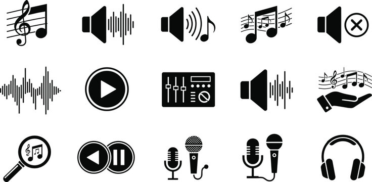 Music audio sound outline icon set featuring speaker waveform microphone headphones player controls and musical notes symbols