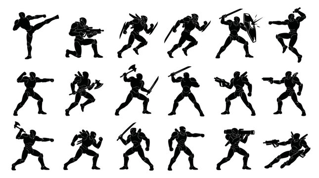 Sci-fi Soldier Silhouettes: Action Poses, Weapons, Futuristic Combat