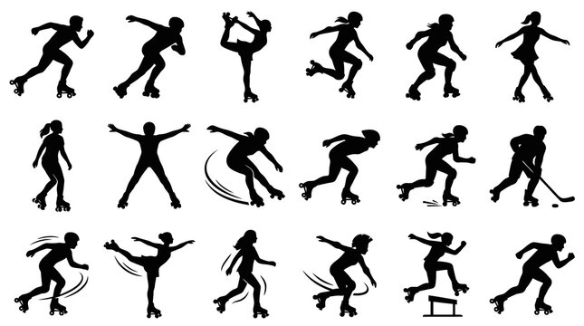 Dynamic Roller Skating and Inline Skaters Black Silhouettes Vector Set for Sports  Recreation