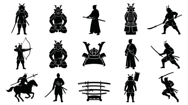 Samurai Glyph Icons Set - Japanese Warrior  Martial Arts Culture Silhouettes