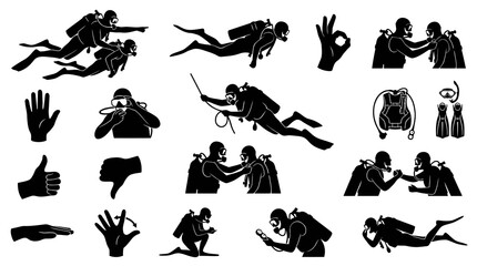 Obraz premium Scuba Diving Icons: Divers, Gear, Gestures, Black and White Vector