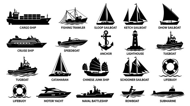 Nautical Marine Vessels and Sea Elements Black and White Silhouette Icon Set