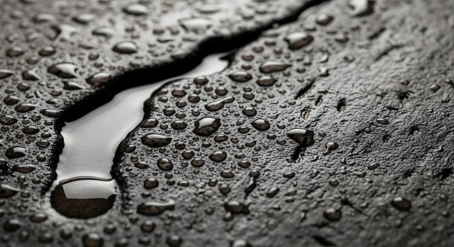 Water droplets on cracked asphalt surface.