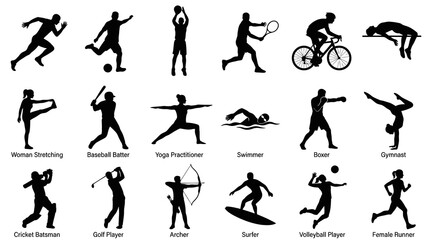 Fototapeta premium Sports Silhouette Icons: Diverse Athletes in Action, Black and White Vector Art