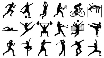 Fototapeta premium Sports Fitness Athletes Black Silhouettes Vector Icons Set for Physical Activity