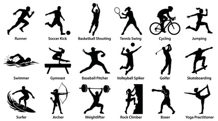 Fototapeta premium Diverse Sports and Activities Silhouettes - Action Icons in Black and White