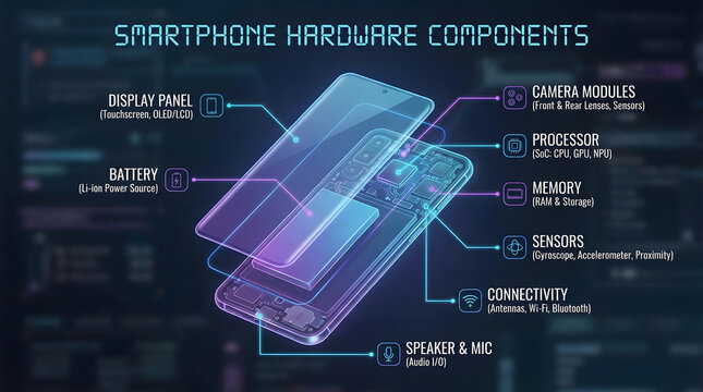 Detailed Technical Diagram of Smartphone Hardware Components and Internal Parts