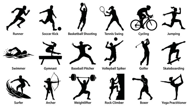 Diverse Sports and Activities Silhouettes - Action Icons in Black and White