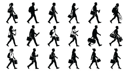 Fototapeta premium Black and White Silhouettes of People Walking with Bags and Briefcases