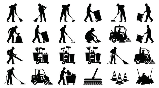 Cleaning Service Icons: Janitor, Broom, Mop, Trash Can, Sweeper, Cart
