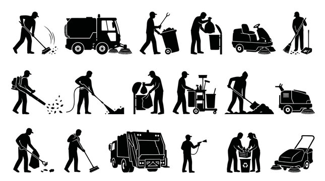 Black  White Glyph Icons of Sanitation and Cleaning Workers with Equipment